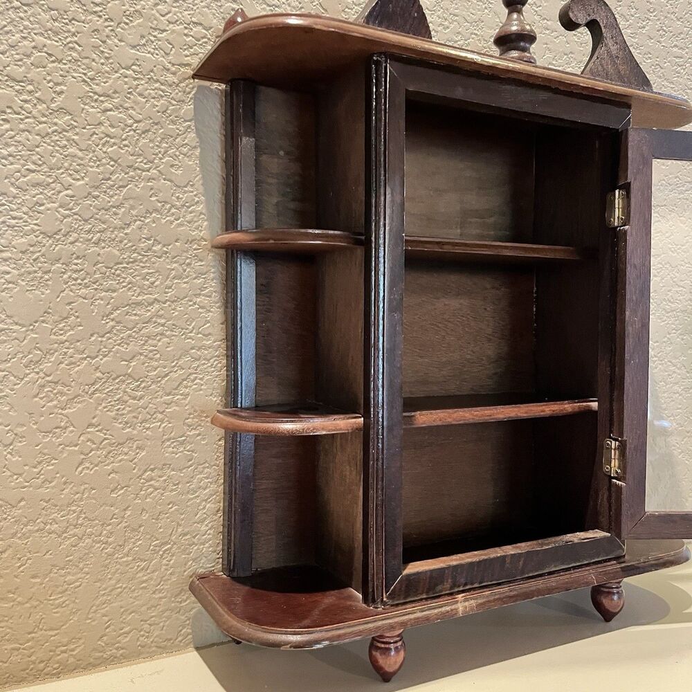 Vintage Small Cabinet Wood 2 Shelves Glass Door Footed Wall Hanging 17" - Picture 4 of 13